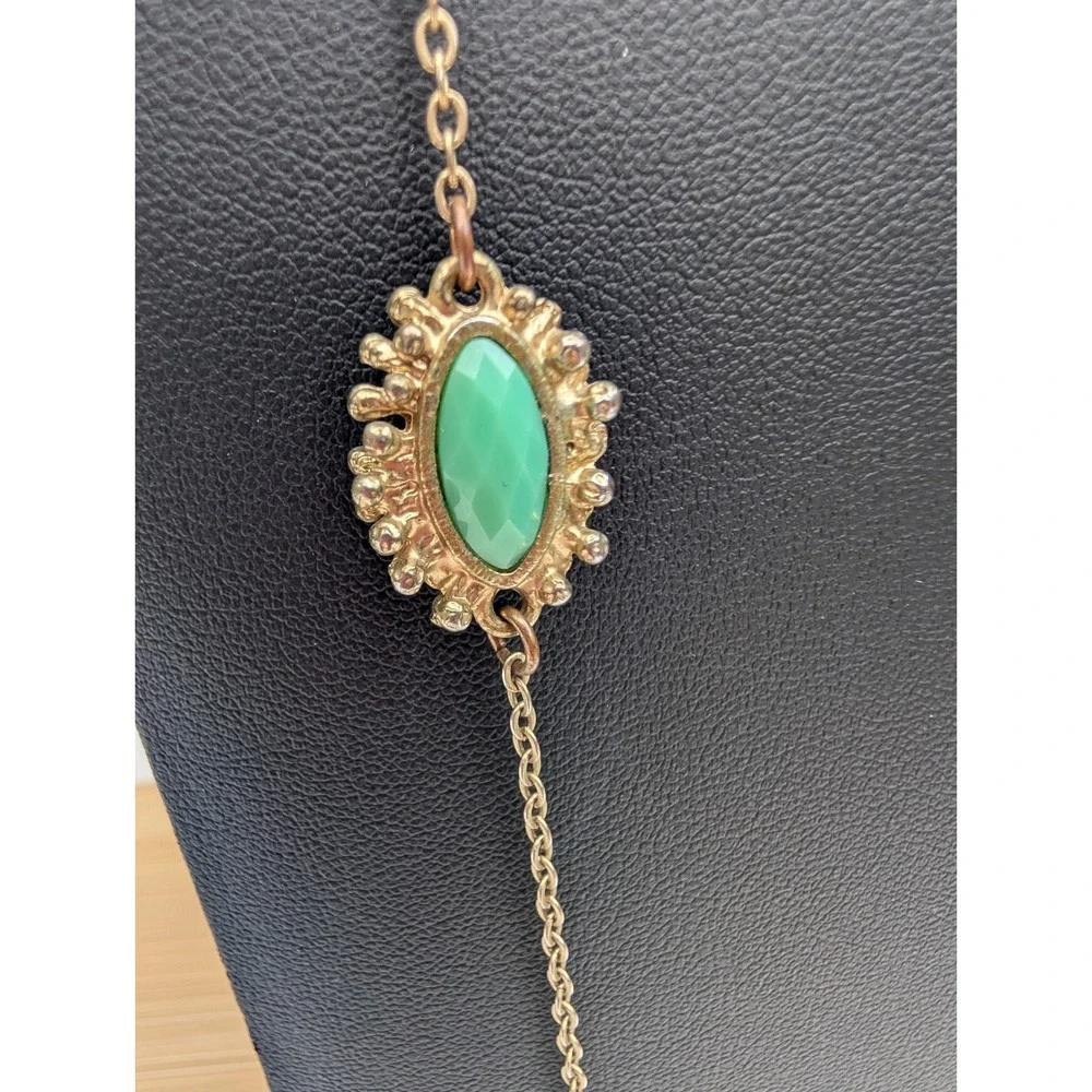 Gold Tone Long Station Necklace Green Marquise Faux Stone Cabochon Adjustable
